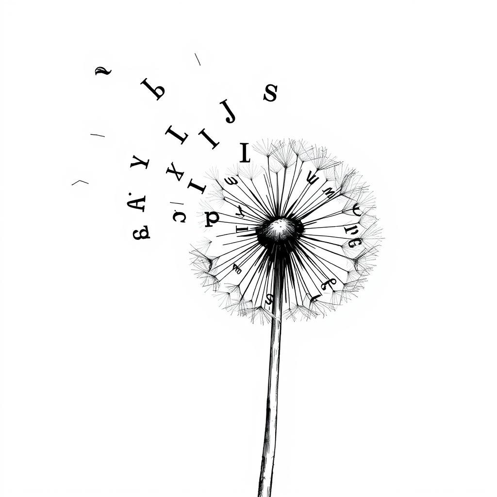 A black and white drawing of a partially blown dandelion, with its seeds transforming into black letters as they disperse in the air