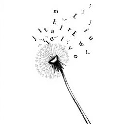 A black and white drawing of a partially blown dandelion, with its seeds transforming into black letters as they disperse in the air