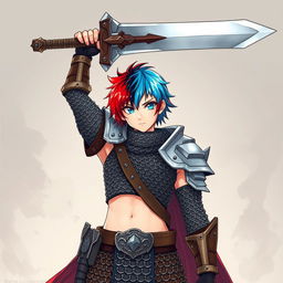 A remarkable human fighter with striking short hair blending fire red and ice blue stands boldly, raising a gigantic buster sword high above their head