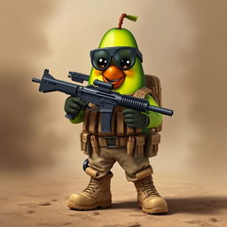 A tactical military avocado character confidently holding a light machine gun in its hands