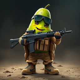 A tactical military avocado character confidently holding a light machine gun in its hands