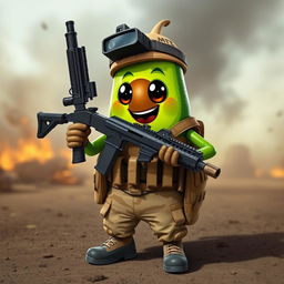 A tactical military avocado character confidently holding a light machine gun in its hands