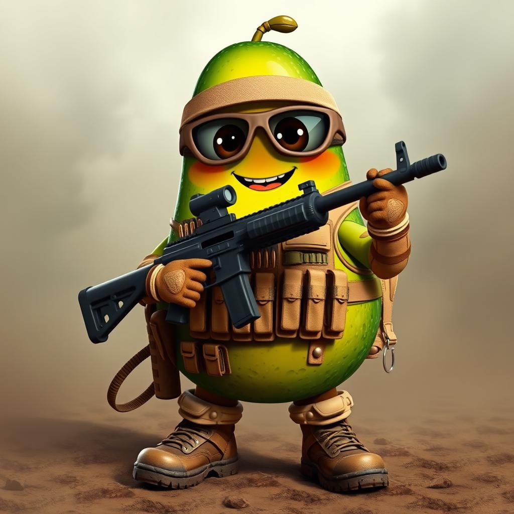 A tactical military avocado character confidently holding a light machine gun in its hands