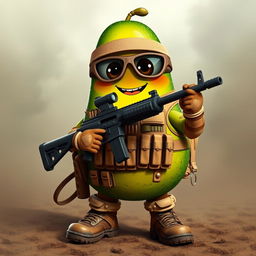 A tactical military avocado character confidently holding a light machine gun in its hands