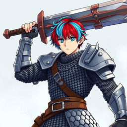 A remarkable human fighter with striking short hair blending fire red and ice blue stands boldly, raising a gigantic buster sword high above their head