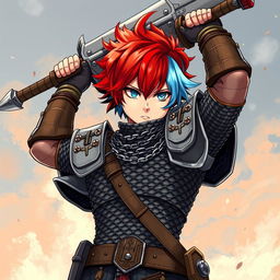 A remarkable human fighter with striking short hair blending fire red and ice blue stands boldly, raising a gigantic buster sword high above their head