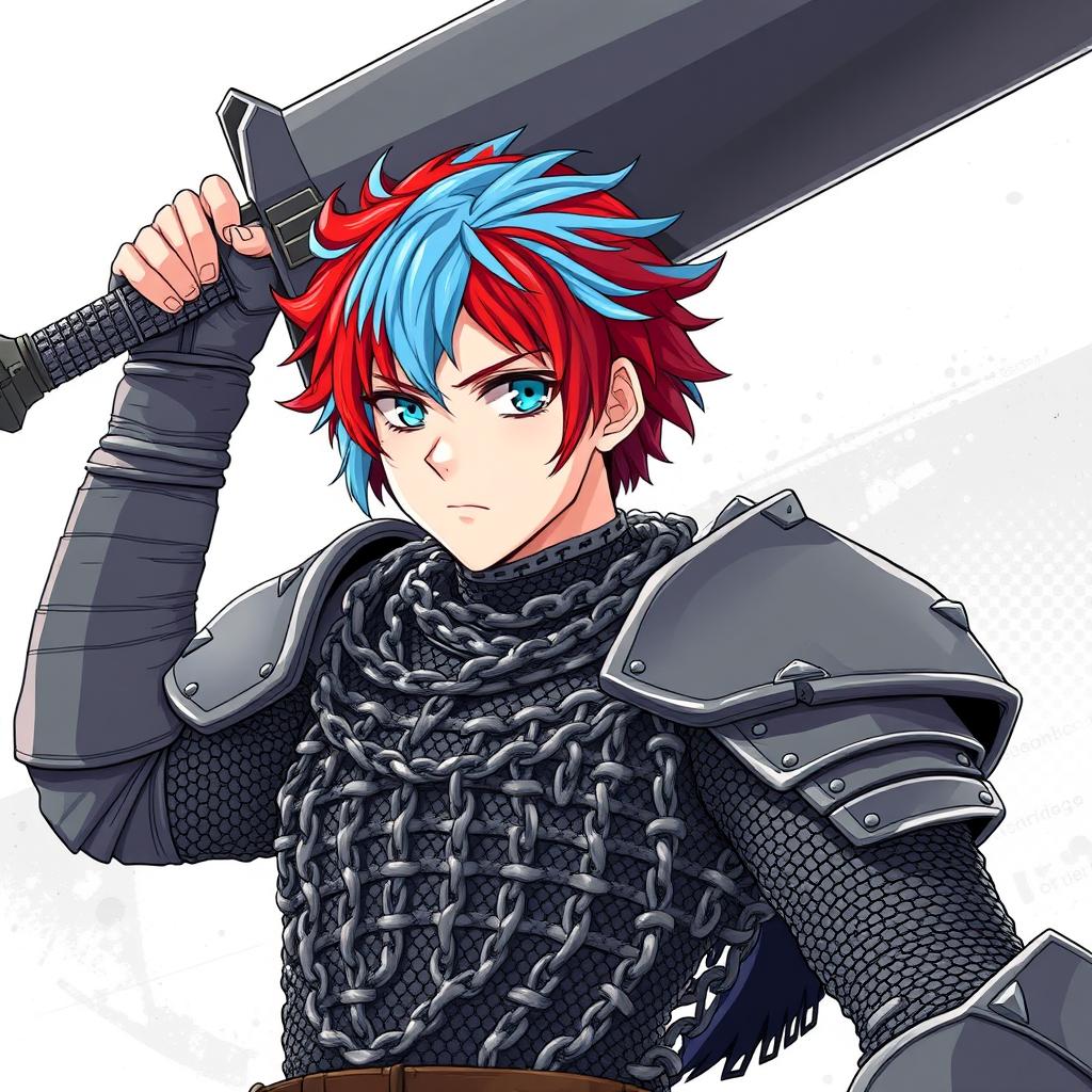 A remarkable human fighter with striking short hair blending fire red and ice blue stands boldly, raising a gigantic buster sword high above their head