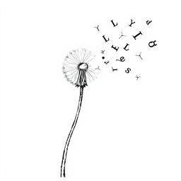 A black and white drawing of a dandelion leaning to the right, partially blown, with its seeds transforming into black letters as they disperse in the air