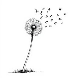 A black and white drawing of a dandelion leaning to the right, partially blown, with its seeds transforming into black letters as they disperse in the air