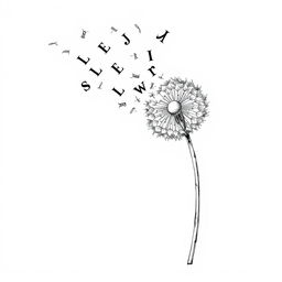 A black and white drawing of a dandelion leaning to the right, partially blown, with its seeds transforming into black letters as they disperse in the air