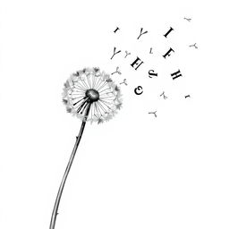 A black and white drawing of a dandelion leaning to the right, partially blown, with its seeds transforming into black letters as they disperse in the air