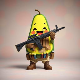 A kawaii-style tactical military avocado character joyfully holding a lightweight M249 machine gun in its hands