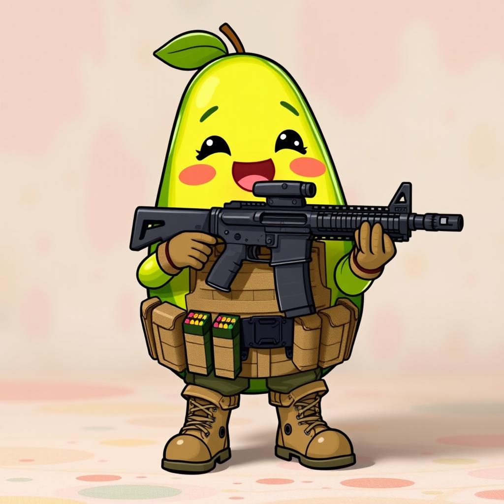 A kawaii-style tactical military avocado character joyfully holding a lightweight M249 machine gun in its hands