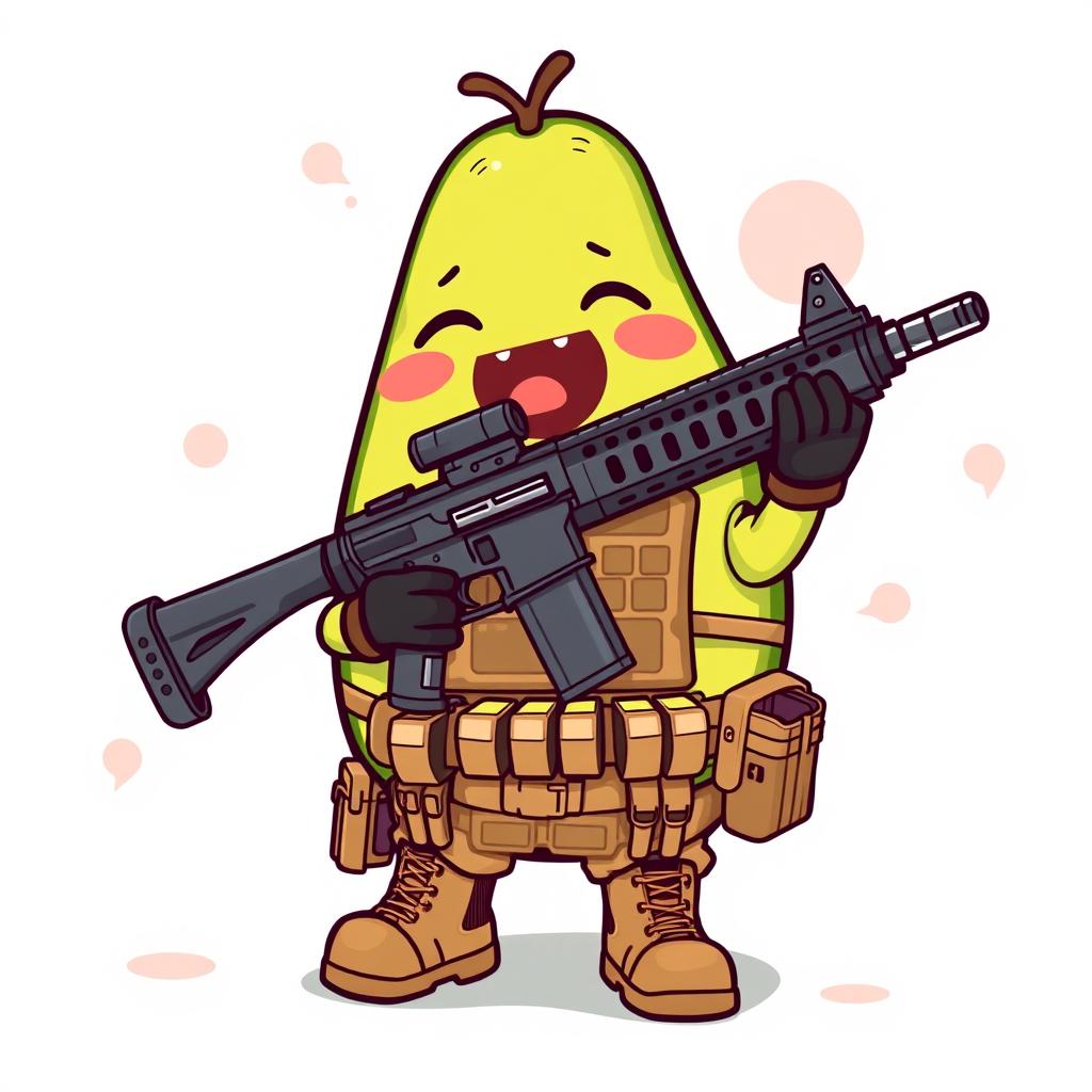 A kawaii-style tactical military avocado character joyfully holding a lightweight M249 machine gun in its hands