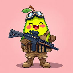 A kawaii-style tactical military avocado character joyfully holding a lightweight M249 machine gun in its hands