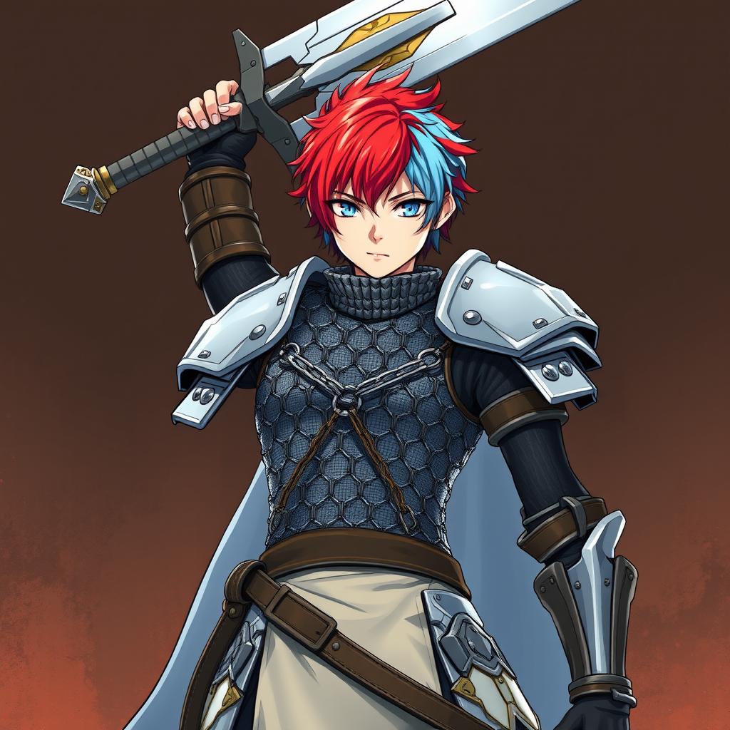 A formidable human fighter with striking short hair that showcases a dramatic blend of fire red and ice blue stands confidently, raising an enormous buster sword high above their head