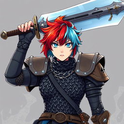 A formidable human fighter with striking short hair that showcases a dramatic blend of fire red and ice blue stands confidently, raising an enormous buster sword high above their head