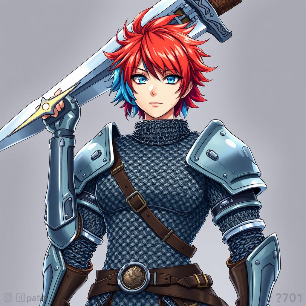 A formidable human fighter with striking short hair that showcases a dramatic blend of fire red and ice blue stands confidently, raising an enormous buster sword high above their head