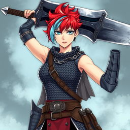 A formidable human fighter with striking short hair that showcases a dramatic blend of fire red and ice blue stands confidently, raising an enormous buster sword high above their head