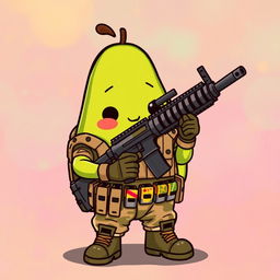 A kawaii-style tactical military avocado character adorably holding a very heavy weapon resembling an M249 in its hands