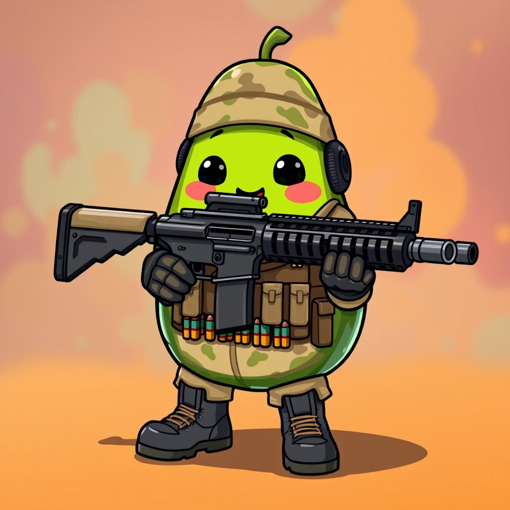 A kawaii-style tactical military avocado character adorably holding a very heavy weapon resembling an M249 in its hands