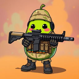 A kawaii-style tactical military avocado character adorably holding a very heavy weapon resembling an M249 in its hands