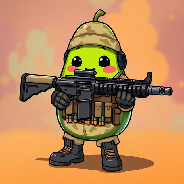 A kawaii-style tactical military avocado character adorably holding a very heavy weapon resembling an M249 in its hands