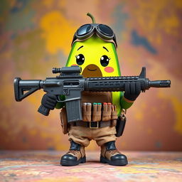 A kawaii-style tactical military avocado character adorably holding a very heavy weapon resembling an M249 in its hands