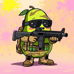 A kawaii-style tactical military avocado character adorably holding a very heavy weapon resembling an M249 in its hands