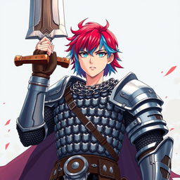 A powerful human fighter with striking short hair displaying a vibrant blend of fire red and ice blue stands firm, raising an enormous buster sword high in the air