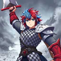 A powerful human fighter with striking short hair displaying a vibrant blend of fire red and ice blue stands firm, raising an enormous buster sword high in the air