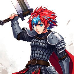 A powerful human fighter with striking short hair displaying a vibrant blend of fire red and ice blue stands firm, raising an enormous buster sword high in the air