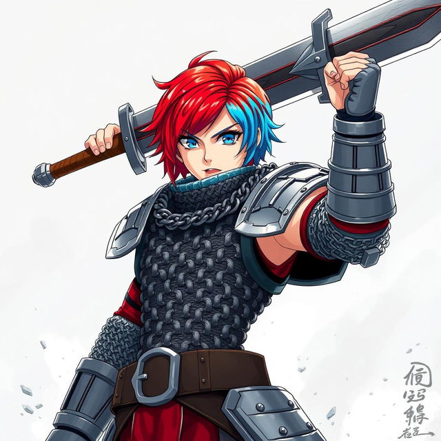 A powerful human fighter with striking short hair displaying a vibrant blend of fire red and ice blue stands firm, raising an enormous buster sword high in the air