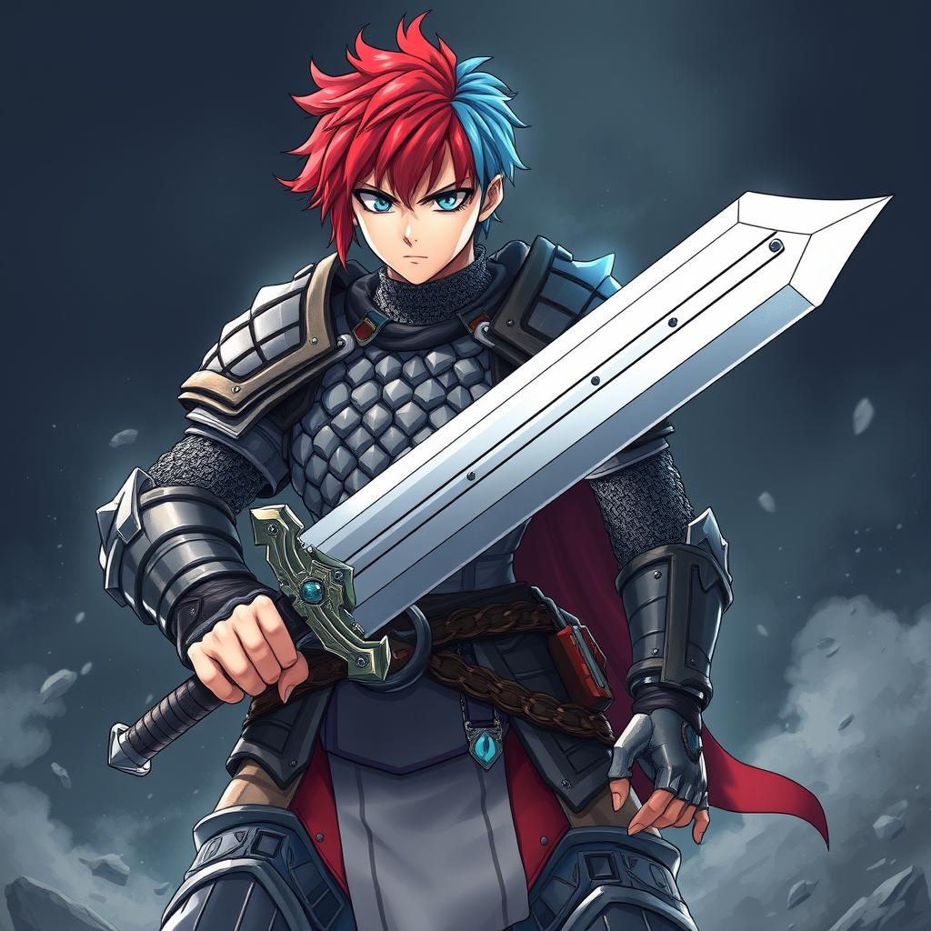 An impressive human fighter stands tall, wielding a massive buster sword with confidence, their short hair strikingly split between fire red and ice blue