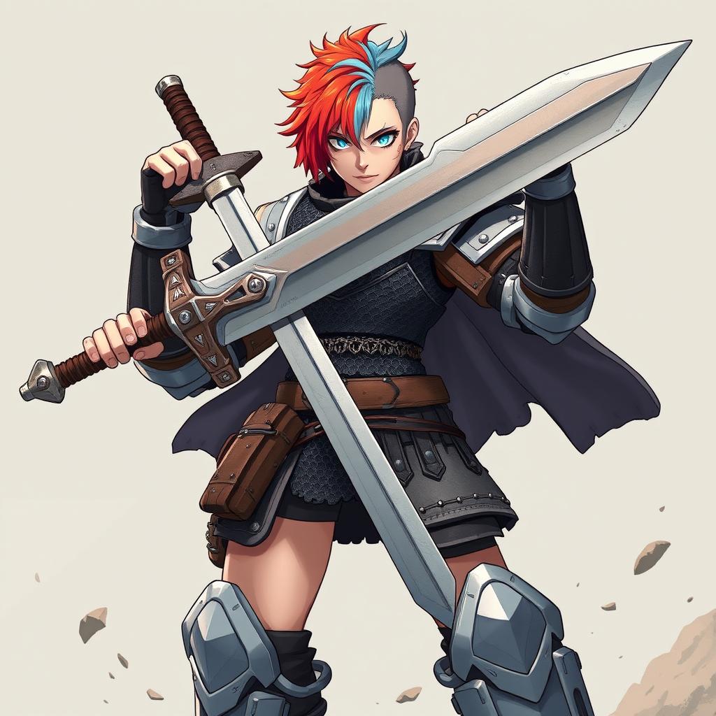 An impressive human fighter stands tall, wielding a massive buster sword with confidence, their short hair strikingly split between fire red and ice blue