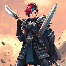 An impressive human fighter stands tall, wielding a massive buster sword with confidence, their short hair strikingly split between fire red and ice blue