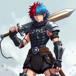 An impressive human fighter stands tall, wielding a massive buster sword with confidence, their short hair strikingly split between fire red and ice blue