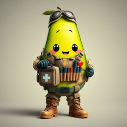 A kawaii-style tactical military avocado character dressed as a medic, adorably holding a medical bag or boriquin in its hands