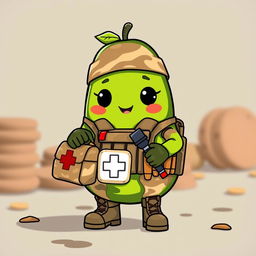 A kawaii-style tactical military avocado character dressed as a medic, adorably holding a medical bag or boriquin in its hands