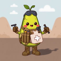 A kawaii-style tactical military avocado character dressed as a medic, adorably holding a medical bag or boriquin in its hands