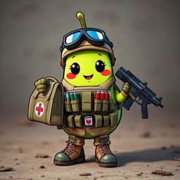 A kawaii-style tactical military avocado character dressed as a medic, adorably holding a medical bag or boriquin in its hands