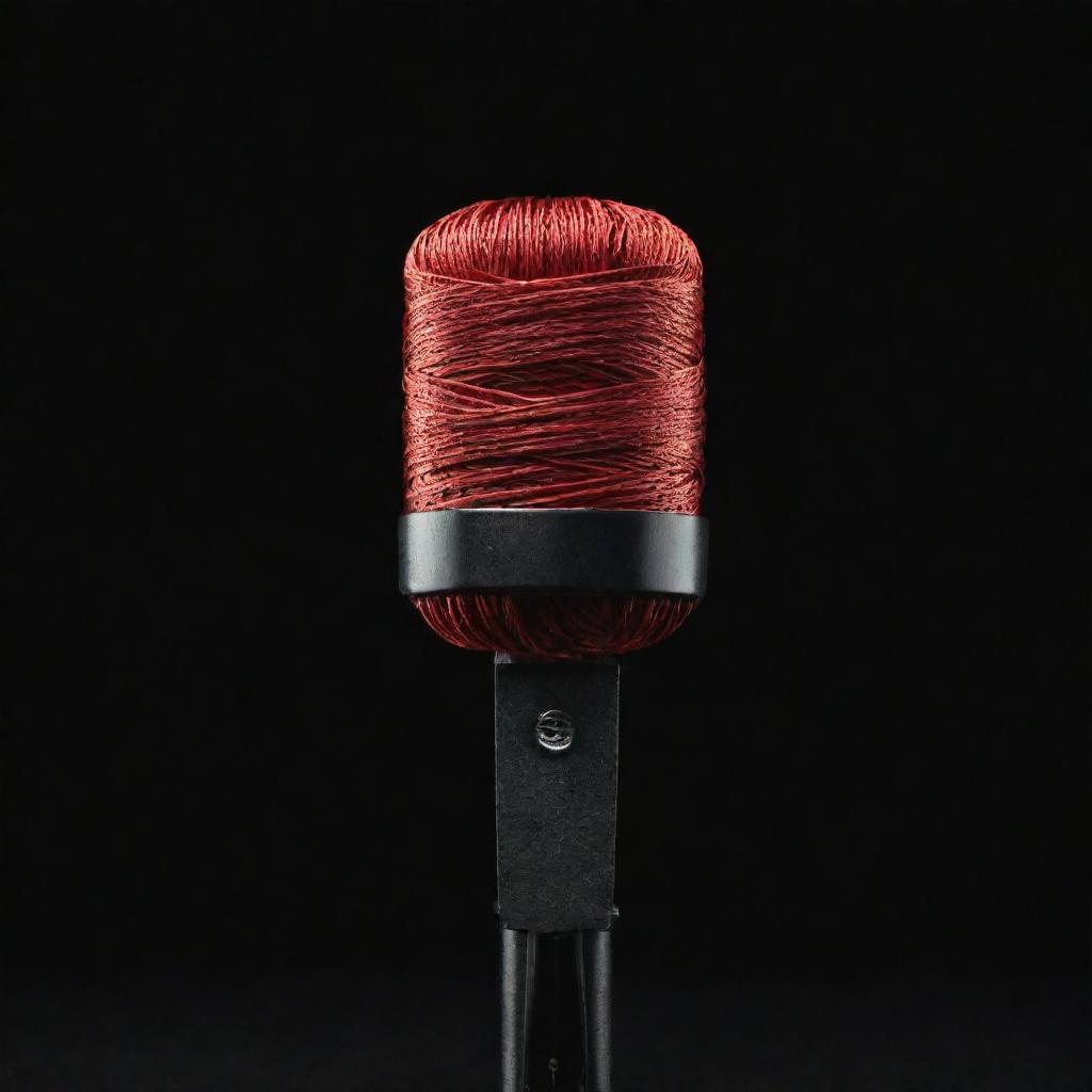 A vibrant red thread, a sleek modern microphone, and a rich black money card all arranged gracefully against a pure black background.