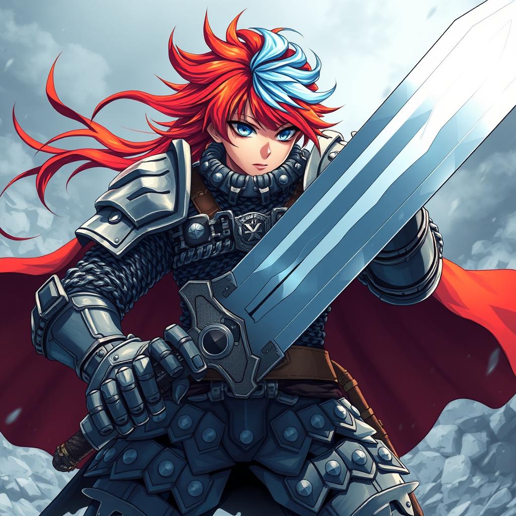 An imposing human fighter stands ready for battle, wielding an enormous buster sword with confidence