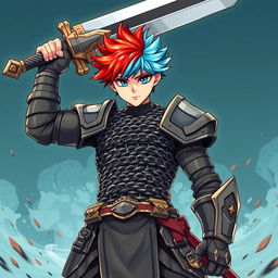 A formidable human fighter stands boldly with a colossal buster sword raised high, exuding strength and determination