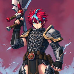 A formidable human fighter stands boldly with a colossal buster sword raised high, exuding strength and determination