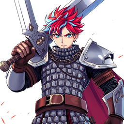 A formidable human fighter stands boldly with a colossal buster sword raised high, exuding strength and determination