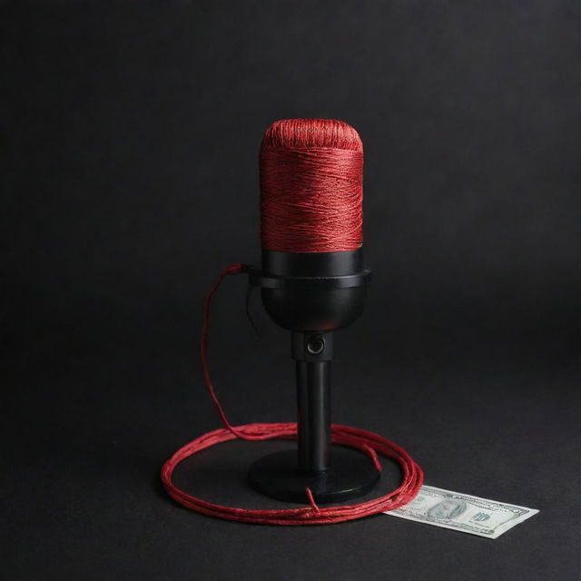 A vibrant red thread, a sleek modern microphone, and a rich black money card all arranged gracefully against a pure black background.