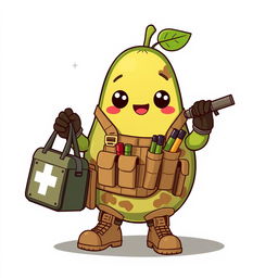 A kawaii-style tactical military avocado character as a medic, adorably holding a medical bag (boriquin) in its hands