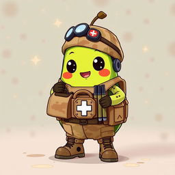 A kawaii-style tactical military avocado character as a medic, adorably holding a medical bag (boriquin) in its hands