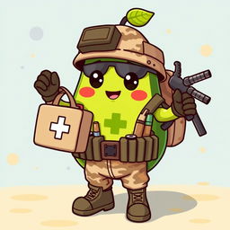 A kawaii-style tactical military avocado character as a medic, adorably holding a medical bag (boriquin) in its hands